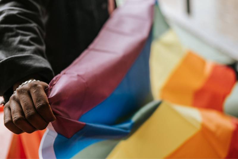 A person holding a rainbow flag.
