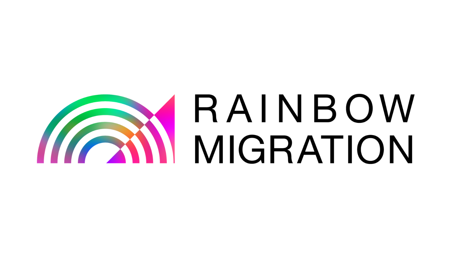 Rainbow migration logo on a white background.